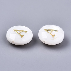 Letter A Natural Freshwater Shell Beads, with Golden Plated Brass Etched Metal Embellishments, Flat Round, Seashell Color, Letter.A, 8x3~5mm, Hole: 0.5~07mm