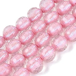 Pink Resin Beads Strands, Bead in Bead, with Glass & Glitter Powder Inside, Round, Faceted(96 Facets), Pink, 9~10mm, Hole: 0.7mm, about 49~51pcs/strand, 18.50~19.29 inch(47~49cm)