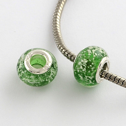Зеленый Rondelle Lampwork большого отверстия европейские шарики, с латунными ярдами серебянного цвета , зелёные, 13~14x10~11 мм, отверстие : 5 мм