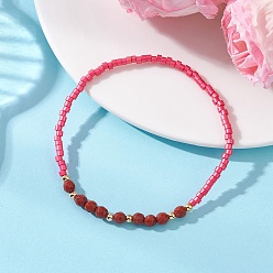 Фуксиновый Браслеты из стеклянного бисера и натурального красного яшмового бисера для женщин, круглые, с латунной бисера, красно-фиолетовые, бусины : 2.5~4.5 мм, внутренний диаметр: 2.17 дюйм (5.5 см)