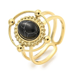 Синтетическая Бирюза Ионное покрытие (ip) 304 манжеты из нержавеющей стали с синтетической бирюзой, овальные открытые кольца с широкой полосой для женщин и мужчин, реальный 18 k позолоченный, 16x18.5 мм, внутренний диаметр: регулируемый.