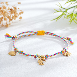 Pourpre Bracelet ajustable en acier inoxydable avec breloque océan et cordon en coton tressé, or, pourpre, 11.02 pouce (28 cm)