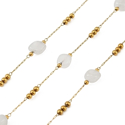 Белый Нефрит Ручная работа 316 цепочки из звеньев из нержавеющей стали в форме самородков, с 304 бусинами из нержавеющей стали и натурального белого нефрита, ионное покрытие (ip), реальный 18 k позолоченный, пайки, с катушкой, 8.5~12.5x6~8.5x5~6 мм