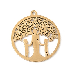 Настоящее золото 18K 304 подвески из нержавеющей стали, плоский круг с деревом жизни и человеческим очарованием, лазерная резка, ионное покрытие (ip), реальный 18 k позолоченный, 33x29.5x1.5 мм, отверстие : 2 мм