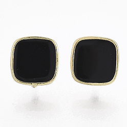 Black Alloy Enamel Stud Earring Findings, with Loop and Cupronickel Pin, Square, Golden, Black, 9.5x9mm, Hole: 3mm, Pin: 0.7mm