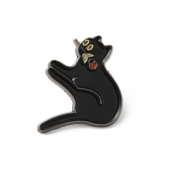 Black Alloy Brooches, Enamel Pins, for Backpack Cloth, Cat with Rose, Black, 29x24.5x1.5mm