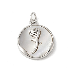 Платина Подвески из латуни с натуральными белыми ракушками, плоские круглые подвески-розочки с соединительными кольцами, долговечный, без свинца и без кадмия, стойки покрытие, платина, 17.5x15x2.5 мм, отверстие : 3 мм