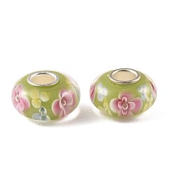 Dark Khaki Lampwork & Brass Core European Beads, Large Hole Beads, Rondelle with Flower, Dark Khaki, 15x7.5mm, Hole: 4mm