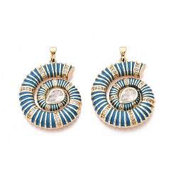 Стально-синий Кулоны с эмалью из латуни с прозрачным кубическим цирконием, форма раковины, реальный 18 k позолоченный, стальной синий, 30x24x4 мм, отверстие : 5x2 мм