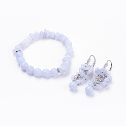 Natürliche Achat Natürliche blaue Spitze Achat Schmuck-Sets, Stretch-Armbänder und Brisur-Ohrringe, Mit Sackleinen Beuteltaschen, 2 Zoll (52 mm), 55 mm, Stift: 0.6x1 mm