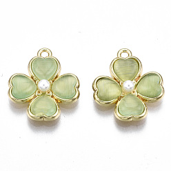 Yellow Green Rack Plating Alloy Pendants, with ABS Plastic Imitation Pearl and Cat Eye, Cadmium Free & Lead Free, Clover, Light Gold, Yellow Green, 19.5x17x4.5mm, Hole: 1.5mm