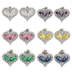(52) Непрозрачная лаванда Серьги-гвоздики в форме сердца из кубического циркония, стеллаж для латунных украшений для женщин, платина, разноцветные, 9.5x11 мм