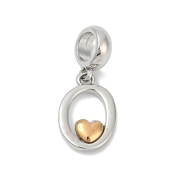 Letter O Латунные европейские подвески с подвесками, подвески в форме сердца с большими отверстиями, платиной и золотом, Письмо O, 25.5~30.5 мм, отверстие : 6 мм