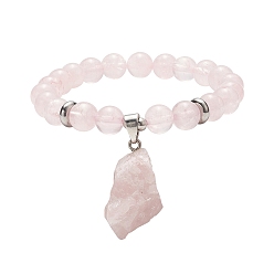 Rose Quartz Round Natural Rose Quartz Beaded Stretch Bracelet with Nuggets Charms for Women, Inner Diameter: 2-1/8 inch(5.5cm)