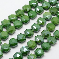 Зеленый Стеклянные нити из бисера, гальваническое покрытие, граненый шестиугольник, зелёные, 14x8 мм, отверстие : 1 мм, около 20 шт / нитка, 11.4 дюйм