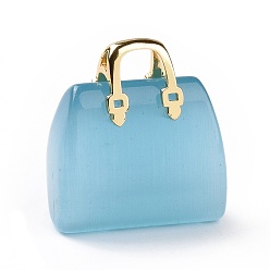 Светло-Синий Подвески кошачий глаз, с латунной фурнитурой золотого цвета, ба, голубой, 27.5x25x12 мм, отверстие : 6.5x5 мм