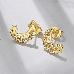 Луна Серьги-гвоздики из латунного микро-паве, долговечный, реальный 18 k позолоченный, луна, 13.5x10.5 мм