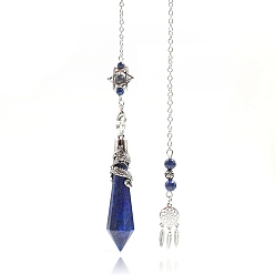 Lapis Lazuli Natural Lapis Lazuli Cone Dowsing Pendulum Big Pendants, with Meatl Woven Net/Web with Feather, Pendant: 68x16mm