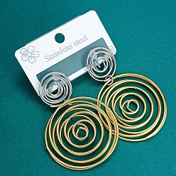 Golden & Stainless Steel Color 304 Stainless Steel Stud Dangle Earrings, Spiral, Golden & Stainless Steel Color, 60mm