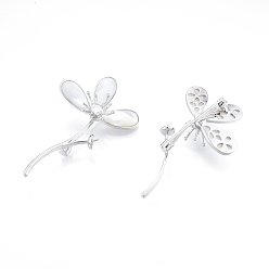 Plaqué Platine Véritable Accessoires de la broche en laiton, apprêts d'épinglette avec coquillage et verre, pour la moitié de perles percées, sans cadmium et sans nickel et sans plomb, fleur, Platine plaqué, 61x34x14mm, pin: 1 mm