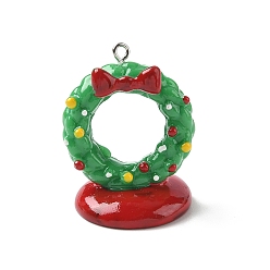 Christmas Wreath Подвески из непрозрачной смолы на рождественскую тематику, с железной платиной петлей, Рождественский венок, 35.5x28.5x24.5 мм, отверстие : 2 мм
