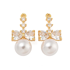 Настоящее золото 18K Латунные микро проложить кубического циркония подвески, с пластмассовой жемчужиной abs, бантом, реальный 18 k позолоченный, 26x13x9.5 мм, отверстие : 1.4 мм