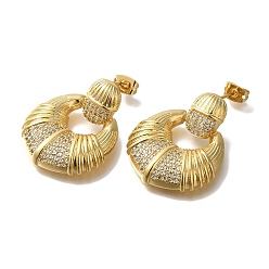 Настоящее золото 18K Серьги-пусеты из латуни с микропаве и прозрачным фианитом, долговечный, плоско-круглые, реальный 18 k позолоченный, 29x23 мм