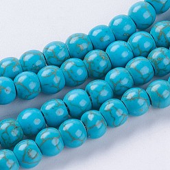 Темно-Голубой Синтетических нитей бирюзовые бусы, круглые, окрашенная и подогревом, глубокое синее небо, 6 мм, отверстие : 1.2 мм, около 67 шт / нитка, 14.17'' (36 см)