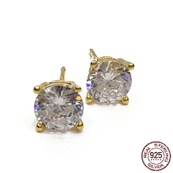 Настоящее золото 18K 925 стерлингового серебра серьги стержня, с кубического циркония, алмаз, реальный 18 k позолоченный, 6x6 мм