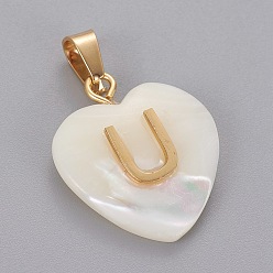Letter U Shell Anhänger, mit 304 Edelstahl Zubehör, Herz mit Brief, golden, letter.u, 23.5x20x7 mm, Bohrung: 3.5x7 mm