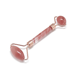 Cherry Quartz Glass Cherry Quartz Glass Massage Tools, Facial Rollers, with Brass Findings, Rose Gold, 13.5~15.3x4~6x2~2.05cm