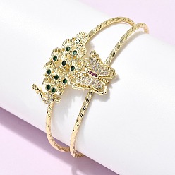 Золотой Латунь микро проложить кубического циркония манжеты браслеты, браслеты с крутящим моментом для женщин, павлин и бабочка, золотые, внутренний диаметр: 1.69x2.20 дюйм (4.3x5.6 см)