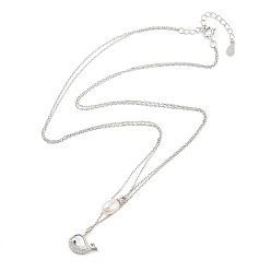 Platinum 925 Sterling Silver with Shell Necklaces, Double Layer Necklaces, Pearl and Cubic Zirconia Pendant Necklaces, Dolphin, Platinum, 15.55 inch(39.5cm)