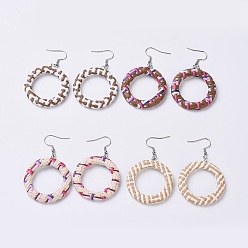 Mixed Color Dangle Earring, with Raffia Woven Pendants and Stainless Steel Findings, Ring, Mixed Color, 62~63.5mm, Pin: 0.6mm