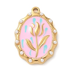 Бледно-Розовый 304 нержавеющей стальной эмали подвески, с абс пластмассовой имитационной жемчужиной, ионное покрытие (ip), овал с цветочной подвеской, реальный 18 k позолоченный, розовый жемчуг, 21x15.5x3 мм, отверстие : 1.5 мм