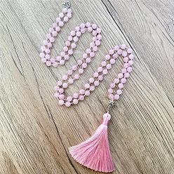Розовый Кварц Ожерелья из натурального розового кварца с молитвенными бусами в форме малы, длинной кисточкой и металлическим деревом жизни, для йоги-медитации, платина, 40.16 дюйм (102 см)