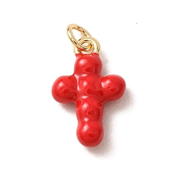 Red Brass Pendants, with Enamel, Cross Charms, Rack Plating, Long-Lasting Plated, Lead Free & Cadmium Free, Real 18K Gold Plated, Red, 17.5x11x4mm, Hole: 3mm
