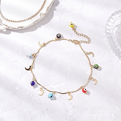 Разноцветный Лэмпворк ручной работы от сглаза и кисточка из нержавеющей стали в форме луны 304 браслеты на лодыжку из изогнутой цепочки из нержавеющей стали для женщин, золотые, красочный, 9-5/8 дюйм (244 мм)