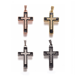 Mixed Color Brass Micro Pave Clear Cubic Zirconia Pendants, with Enamel, Cross, Black, Mixed Color, 28x16.5x4.5mm, Hole: 5.5x2.5mm