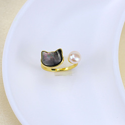Cat Shape Натуральный пресноводный жемчуг с кольцами-манжетами из натуральных ракушек, золотые, форма кошки, внутренний диаметр: 15~19 мм