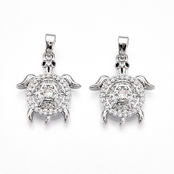 Платина Латунные микро проложить кубического циркония подвески, без кадмия и без свинца, прелести черепахи, платина, 20x17x3.5 мм, отверстие : 5x2 мм