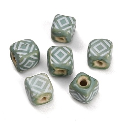 Cadet Blue Vintage Handmade Porcelain Beads, Cube with Geometry, Fancy Antique Glazed Porcelain, Cadet Blue, 11.5x10.5~11.5x10.5~11.5mm, Hole: 2.5mm