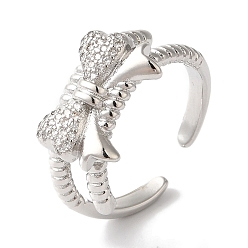 Платина Открытые манжеты из латуни с бантом и микро-паве с прозрачным цирконием для женщин, платина, бант : 11x15.5 мм, регулируемый