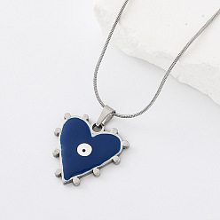 Blue 304 Stainless Steel Enamel Evil Eye Heart Pendant Necklaces for Women, Stainless Steel Color, Blue, 15.75 inch(40cm)