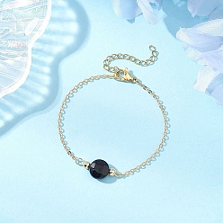 (946F)Морозный цвет внутри  Жонкиль / Непрозрачная зеленая подкладка Браслеты из плоских круглых бусин из натурального черного агата, браслеты-цепочки для женщин, 6-5/8 дюйм (16.8 см)