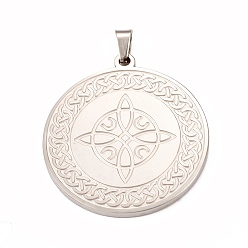 Stainless Steel Color Non-Tarnish 304 Stainless Steel Pendants, Flat Round with Knot Charm, Stainless Steel Color, 33x30x2mm, Hole: 4x3mm