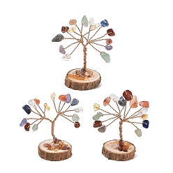 Mixed Stone Natural & Synthetic Mixed Gemstone Chips Tree of Life Decorations, with Wooden Base & Copper Wire, Feng Shui Energy Stone Gift for Home Desktop Decoration, 31~32x29~33x33~50mm