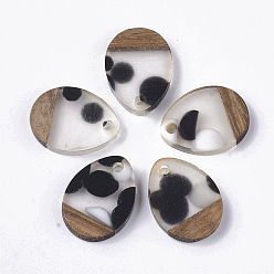 Clear Resin & Walnut Wood Pendants, teardrop, with Spot, Clear, 17.5x13x3mm, Hole: 2mm