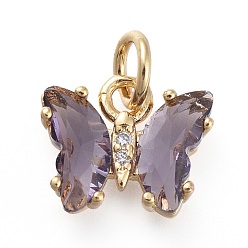 Lilac Brass Micro Pave Clear Cubic Zirconia Pendant, with Glass, Butterfly, Golden, Lilac, 11x9.5x3mm, Hole: 3.5mm