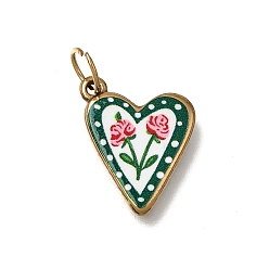 Green Double-sided Printed 304 Stainless Steel Pendants, Heart with Rose Charms, Real 18K Gold Plated, Green, 15.5x13.5x2.5mm, Hole: 5mm